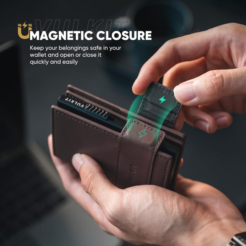 VULKIT حامل بطاقات محفظة جلدية قابلة للطي للرجال مع حماية RFID علبة بطاقات معدنية، تحمل 9 بطاقات ونقود إسبريسو - Image 4